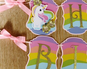 Banner de cumpleaños de unicornio personalizado: decoración de fiesta con purpurina arcoíris