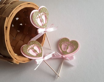 Glitter Heart Cupcake Toppers, Baby Shower Cupcake Topper, Pink and Gold Baby Shower