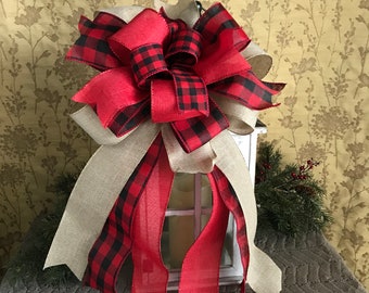 Red and Black Christmas Bow for Xmas Tree, Red and black buffalo check Christmas tree topper, Handmade Holiday Party Christmas Decorations