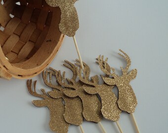 Deer Cupcake Topper 12 Ct, Gold Glitter Decoration, Gold Reindeer Topper, Christmas Cupcake Topper.