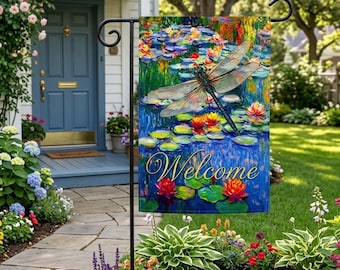 Bandera de bienvenida para exteriores con libélulas y nenúfares / Decoración floral para estanques de jardín