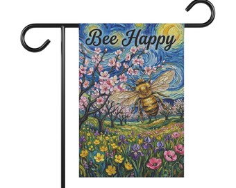Bandera de jardín "Bee Happy" (Abeja Feliz) con abejas y flores coloridas.