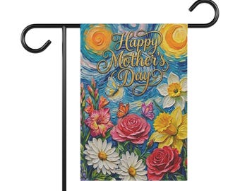 Bandera de jardín floral para el Día de la Madre / Pancarta exterior con rosas, narcisos y mariposas pintadas a mano