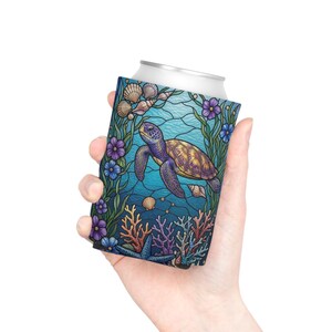 Sea Turtle Stained Glass Can Cooler Turtle Koozie Ocean Coral Design3.5"x4.3"or3.5"x6''