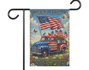 Bandera patriótica vintage para jardín con diseño de camión / Bandera del 250 aniversario de Estados Unidos
