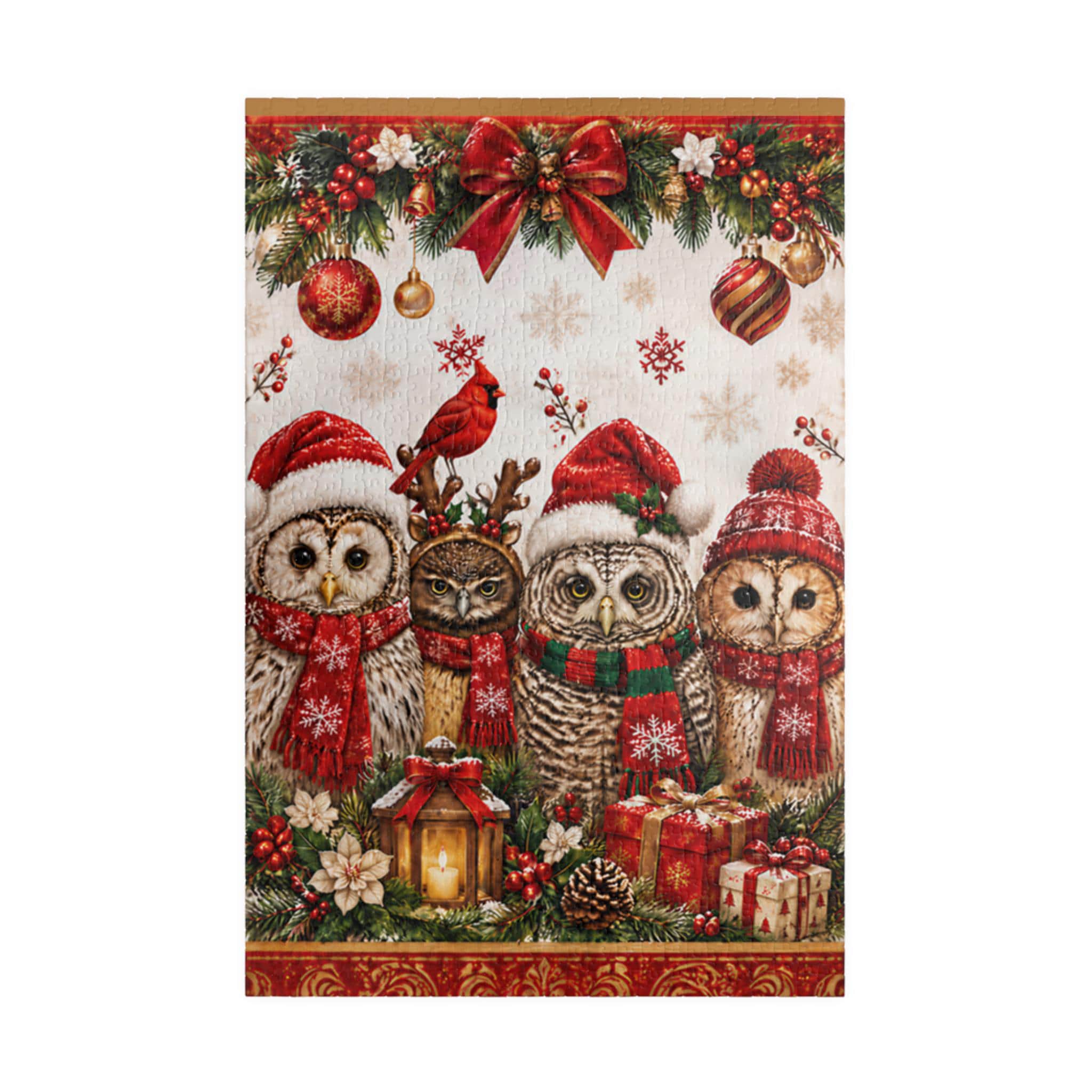 Christmas Owl Family with Cardinal Puzzle | Santa Hats, Wreaths and Gifts