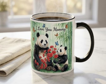 Taza de cerámica con ilustración de la familia Panda / Borde y asa decorativos, 325 ml o 444 ml.
