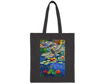 Bolso de tela con estampado de estanque de libélulas / Lienzo artístico con coloridos nenúfares