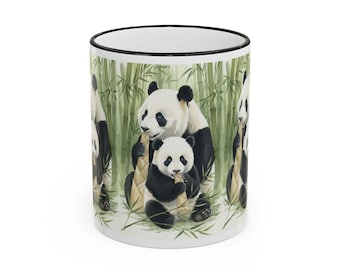Taza con escena de la familia Panda en bambú / Borde y asa decorativos