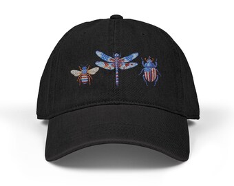 Gorra vaquera con diseño de abeja, libélula y escarabajo bordada con la bandera de EE. UU.
