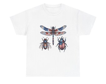 Camiseta con trío de insectos patrióticos / Camiseta con libélula, abeja y escarabajo, estilo acuarela americana