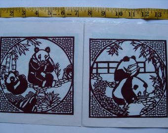 Gift PAPERCUT for teacher gifts Set of 4 Vintage Chinese Tissue Paper Cut Outs Dark Brown Color Panda