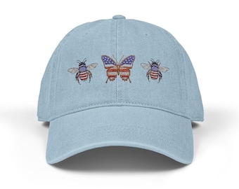 Gorra estilo mezclilla bordada con mariposas y abejas de la bandera estadounidense