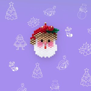 May include: A beaded Santa Claus ornament with a white beard, red hat, and gold hair. The ornament is surrounded by white outlines of Christmas trees, snowmen, elves, and holly on a purple background.