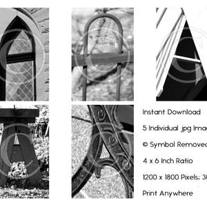 May include: A monochrome digital art print comprising five individual images. The images showcase architectural details, metalwork, and a wooden structure, all in grayscale. Available for instant download, the print has a 4x6 inch ratio.