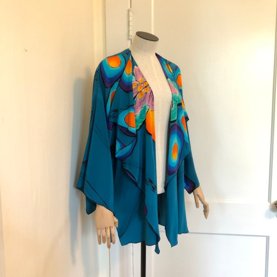 Vintage 1970s 1980s Silk Drape Jacket Abstract Flo