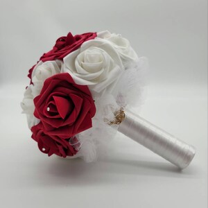 Red Bridal Bouquet, Red and White Wedding Bridesmaid Bouquet, Mini/Toss Bouquet, Matching Corsage And Boutonniere,Custom Colors Available