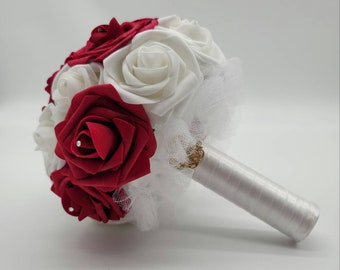 Red Bridal Bouquet, Red and White Wedding Bridesmaid Bouquet, Mini/Toss Bouquet, Matching Corsage And Boutonniere,Custom Colors Available