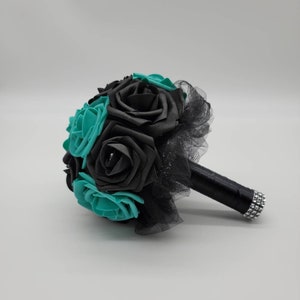 Teal and Black Bridal Bouquet,Bridesmaid Bouquet, Toss Bouquet, Matching Boutonnieres and Corsages, available, Custom Colors Available