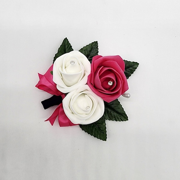 Hot Pink, White, and Black corsages and Boutonnieres With Rhinestones On Roses, 27 Colors Available,Matching Bouquets Available