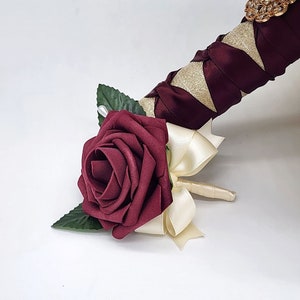 Burgundy And ivory Boutonnieres And Corsages,27 Colors Available, Corsages Available In Pin On And Wrist,Matching Bouquets Available