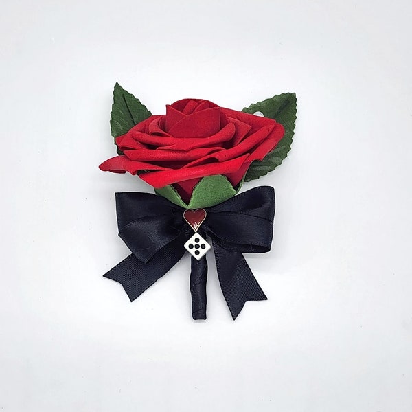 Las vegas wedding, red and black Boutonnieres, card suite, Corsage,27 Colors Available, Matching Bouquets Available