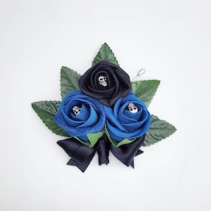 Gothic Royal Blue and Black Skull Boutonnieres And Corsages, Corsages Available in Pin on and Wrist, Halloween Wedding