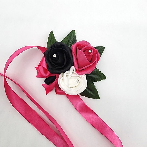 Hot Pink, White, and Black corsages and Boutonnieres With Rhinestones On Roses, 27 Colors Available,Matching Bouquets Available