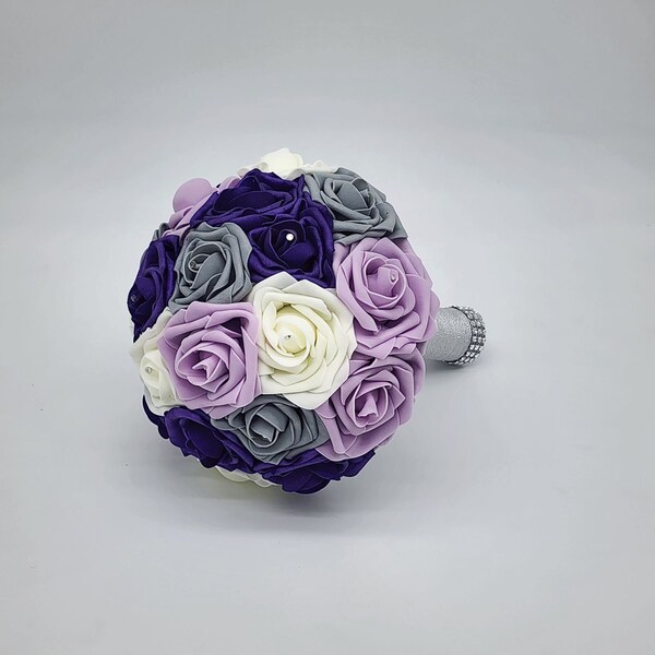 Lavender,Purple,Gray and Ivory Bridal Bouquet, Bridesmaid Bouquet, Toss Bouquet, Matching Boutonnieres And Corsages, Custom Colors Available