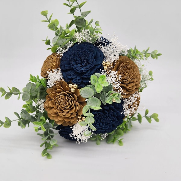 Navy blue And Gold Sola Flower Bouquet with Rose Gold Balls And Eucalyptus,Flower girl bouquet,bridesmaid bouquet. Available in 22 colors