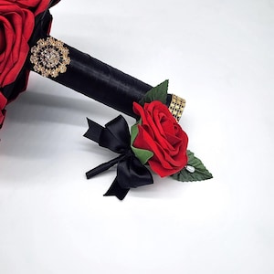 Red and Black Boutonniere and Corsage, Corsages Available in Pin on and Wrist, Matching Bouquets Available