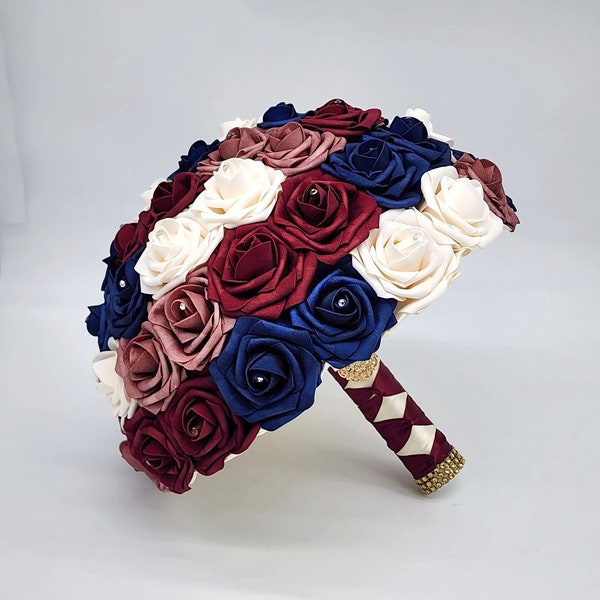 Burgundy,Navy, Cream, and dusty Rose Bridal Bouquet,Bridesmaid bouquet with Real Touch Roses,Matching Boutonnieres and Corsages