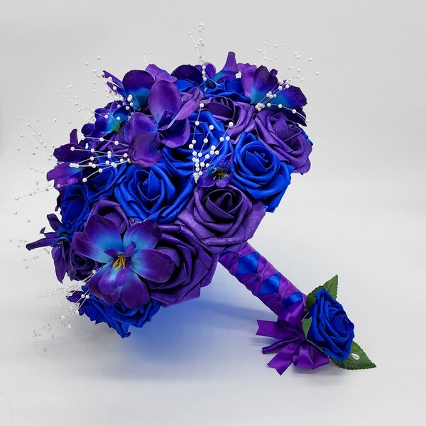 Bouquet de mariée bleu royal et violet/bouquet de demoiselle d'honneur/orchidées galaxie/boutonnières et bouquets de fleurs assortis/couleurs personnalisées disponibles