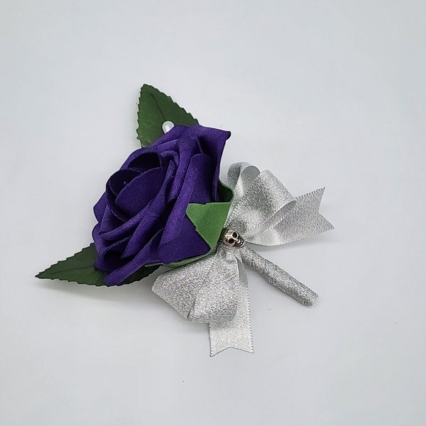 Gothic Skull dark Purple And Silver Boutonniere,Corsage, Corsages Available In Pin On And Wrist,Matching Bouquets Available, Custom Colors