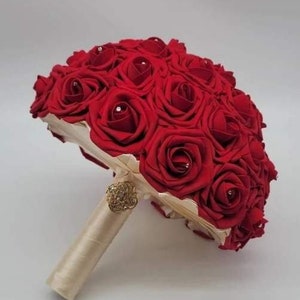 Red Bridal Bouquet Made With Real Touch Roses,Bridesmaids Bouquet, Mini/Toss Bouquet,Matching Boutonnieres & Corsages,Custom Colors