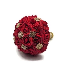 Red and Gold Brooch Bouquet or Bridesmaid Bouquet, Available in 27 colors,Matching Boutonnieres And Corsages available