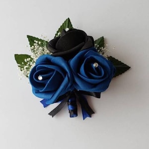 Black And Royal Blue Corsage and Boutonnieres with Rhinestones on Roses. Corsages Available in Wrist or Pin On, Matching Bouquets Available