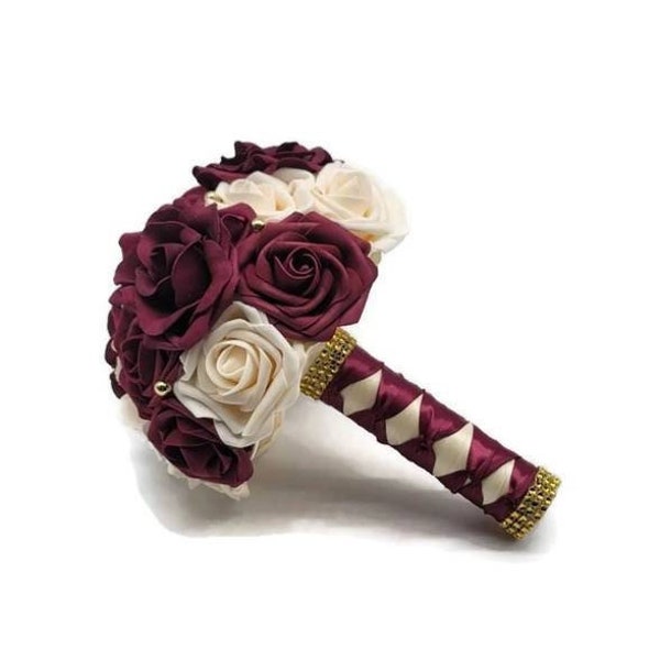 Burgundy and Cream Bridal Bouquet,Bridesmaid bouquet with Real Touch Roses and Gold pearls, Matching Boutonnieres and Corsages,Custom Colors