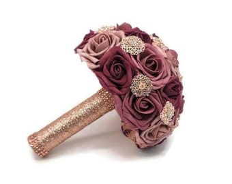 Burgundy,Mauve,and Dusty Rose Brooch Bridal Bouquet, Bridesmaid Bouquet,or Toss Available in 27 colors, Boutonnieres and Corsages Available