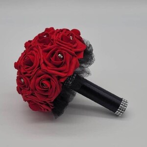 Gothic Skull Red And Black Wedding Bouquet, Bridal Bouquet, Bridesmaid Bouquet, Matching Corsages and Boutonnieres, Halloween Bouquet