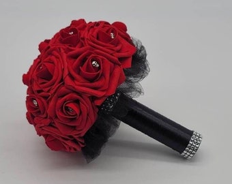 Gothic Skull Red And Black Wedding Bouquet, Bridal Bouquet, Bridesmaid Bouquet, Matching Corsages and Boutonnieres, Halloween Bouquet