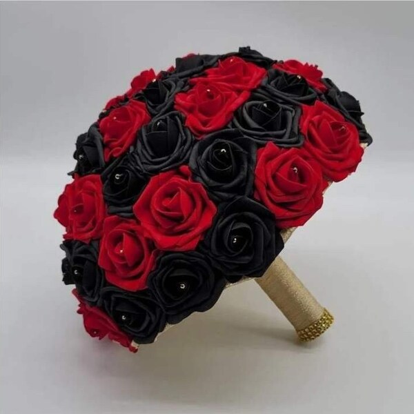 Red,Black,and Gold Bridal Bouquet Made With Real Touch Roses,Bridesmaid Bouquet,Mini/Toss, Boutonnieres and Corsages,Custom Colors Available