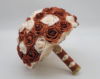 Burnt Orange and Gold Wedding Bouquet Made With Real Touch Roses, Bridal Bouquet, Bridesmaid Bouquet and Matching Boutonnieres and Corsages