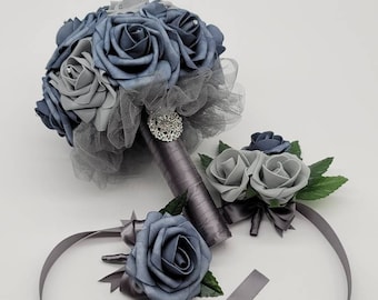 Dusty Blue and Grey Bridal Bouquet, Bridesmaids Bouquet,Toss Bouquet,Matching Boutonnieres & Corsages, Custom Colors Available