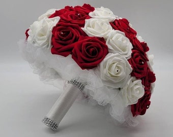 Red And White Bridal Bouquet, Bridesmaid Bouquet, Mini/Toss Bouquet, Wedding Bouquet, Corsages And Boutonnieres,Custom Colors Available
