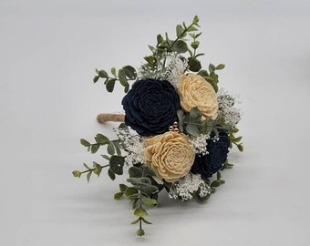 Navy blue And ivory Sola Flower Bouquet with Rose Gold Balls And Eucalyptus,Flower girl bouquet,bridesmaid bouquet. Available in 22 colors