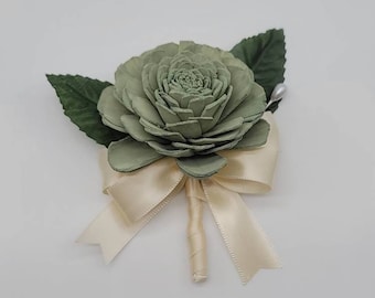 Sage and ivory Sola Wood Boutonnieres and corsages, 22 Flower Colors Available, Matching Bouquets and Available