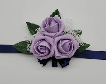 lilac and navy Corsages and Boutonnieres,Available In 27 Colors, Corsages Are Available In Pin On And Wrist, Matching Bouquets Available