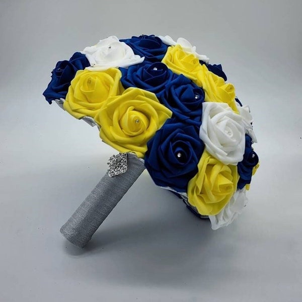 Royal Blue,Yellow, and White Bridal Bouquet, Bridesmaids Bouquet,Toss Bouquet,Matching Boutonnieres & Corsages, Custom Colors Available