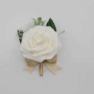 Ivory And Gold Boutonniere with Eucalyptus and Baby's Breath, Matching Corsages and Bouquets Available